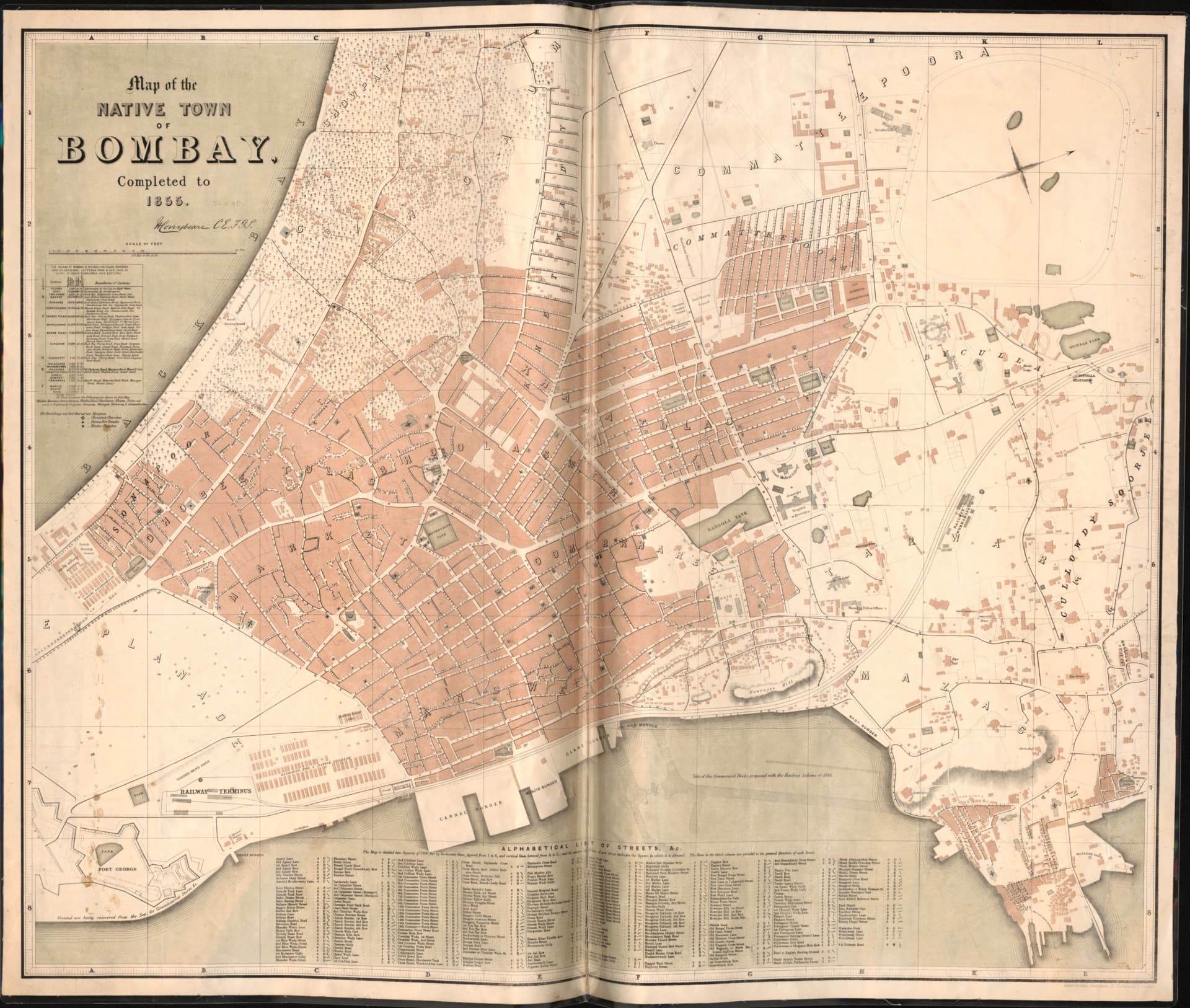 Map of the native town of Bombay, completed to 1855