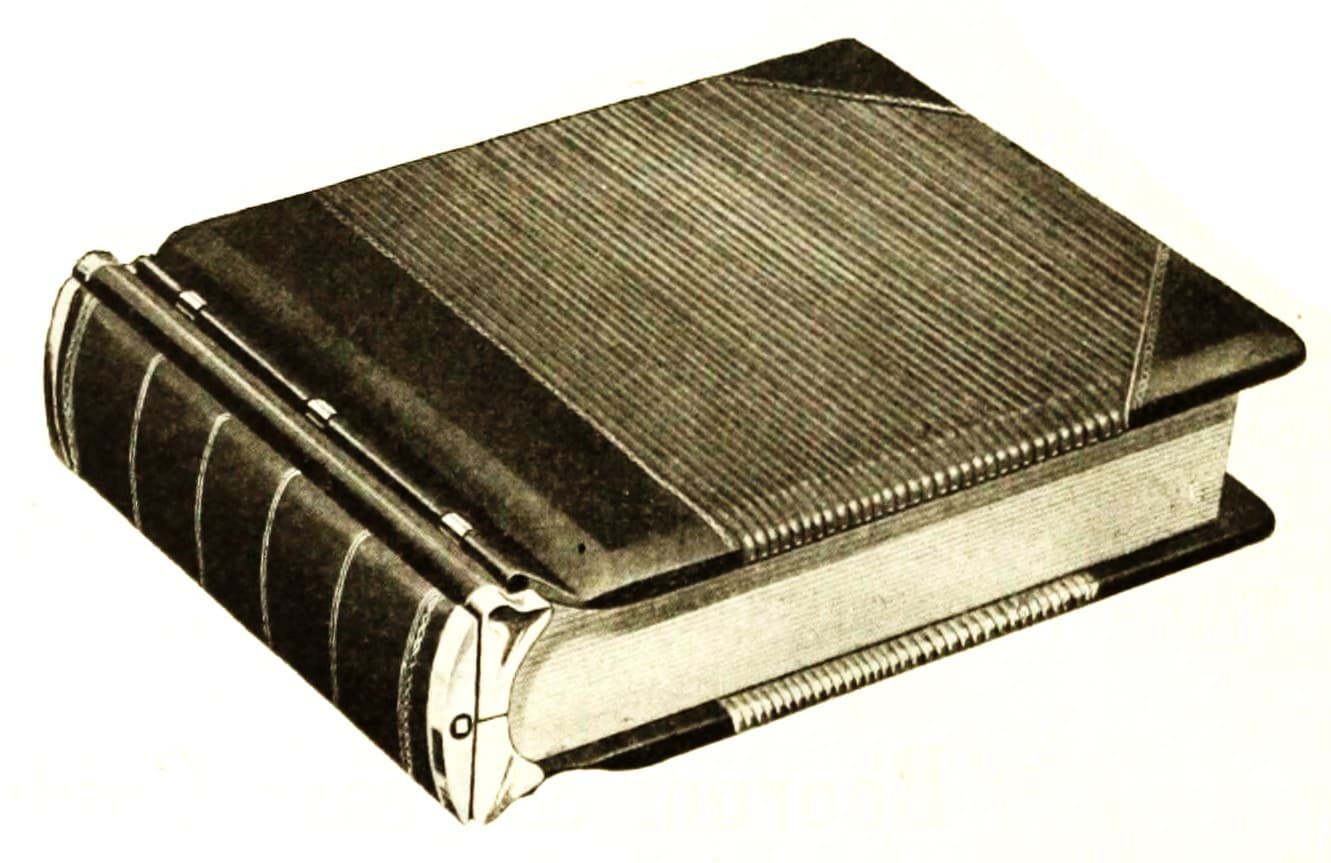 Engraving of a bound account ledger with a hinged spine