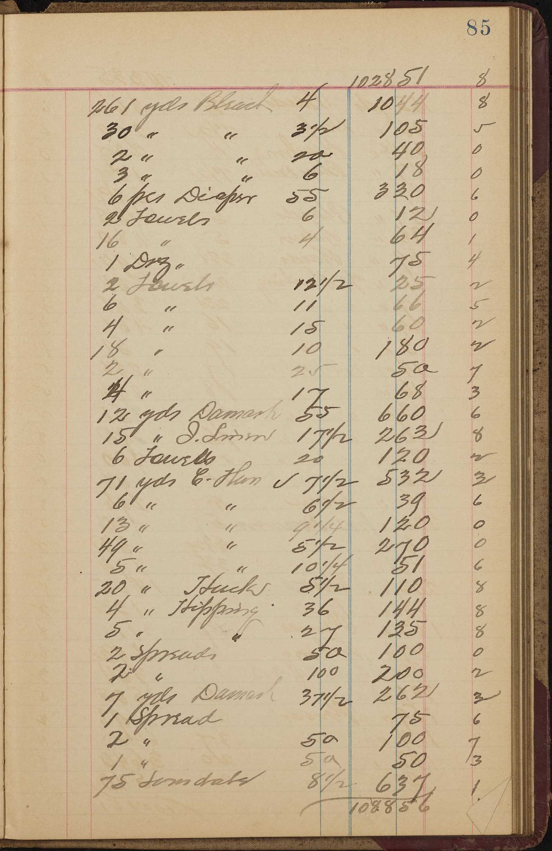 A handwritten ledger page of yards, prices and totals, 1899